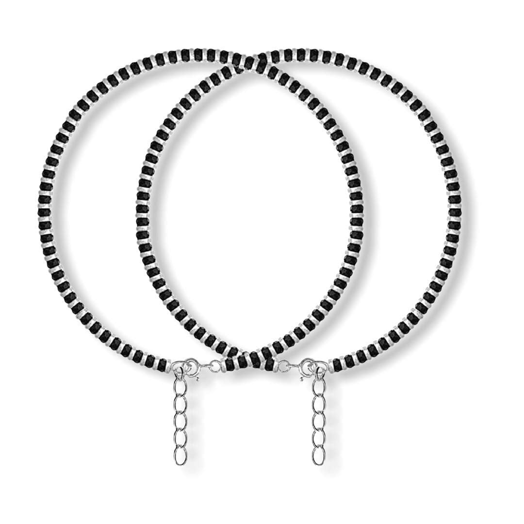 El Regalo 2 PCs Anklets for Women & Girls | Fashion German Silver Anklet Pair Girls & Women (1 PC) (Silver Black Beads Anklet -2)