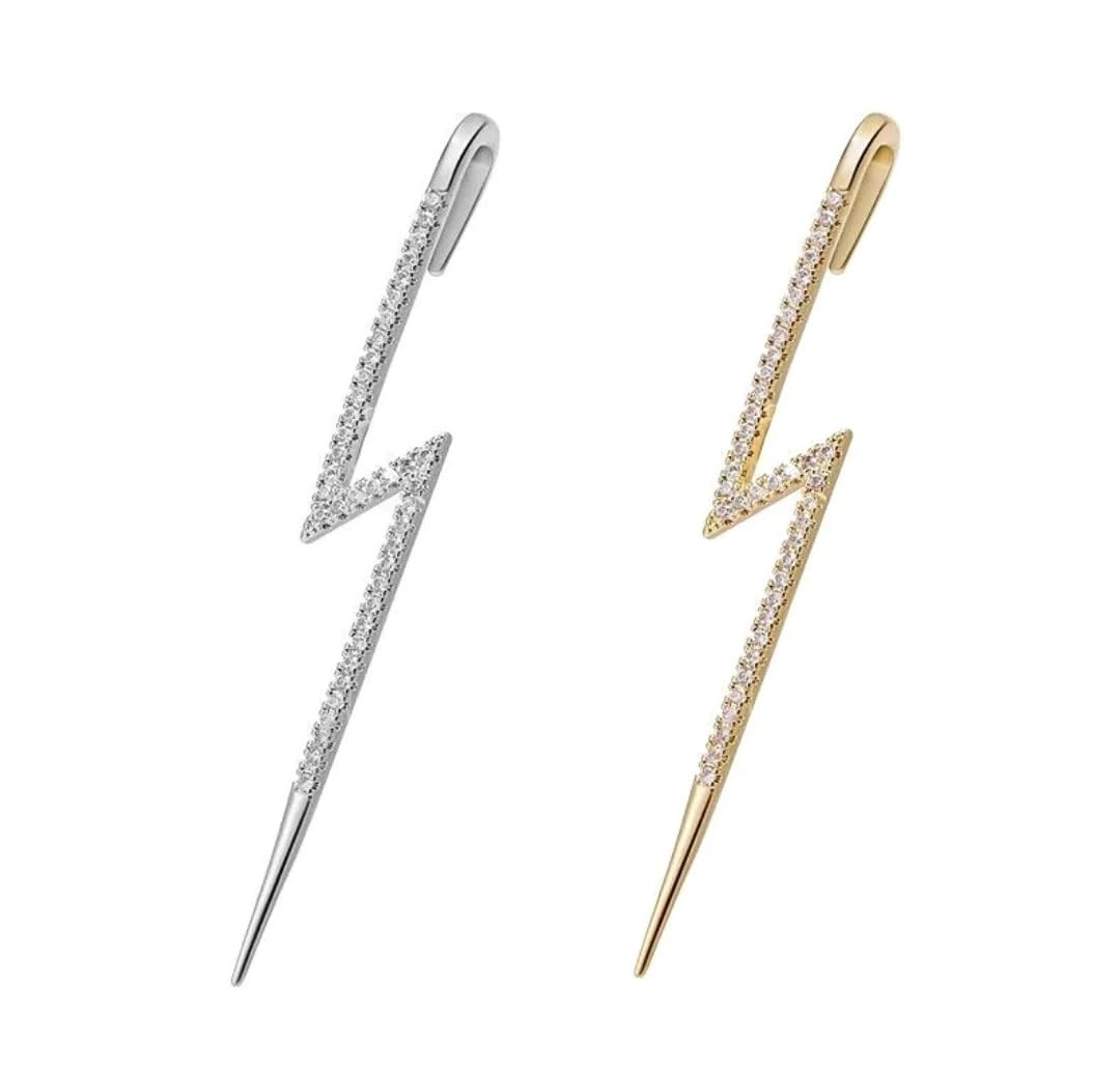 El Regalo 2PCs Fancy Lightning Bolt Edgy Hook Pin Ear Cuff Earring for Girls & Women - Ear Crawler Ear Pins (1 Gold & 1 Silver)