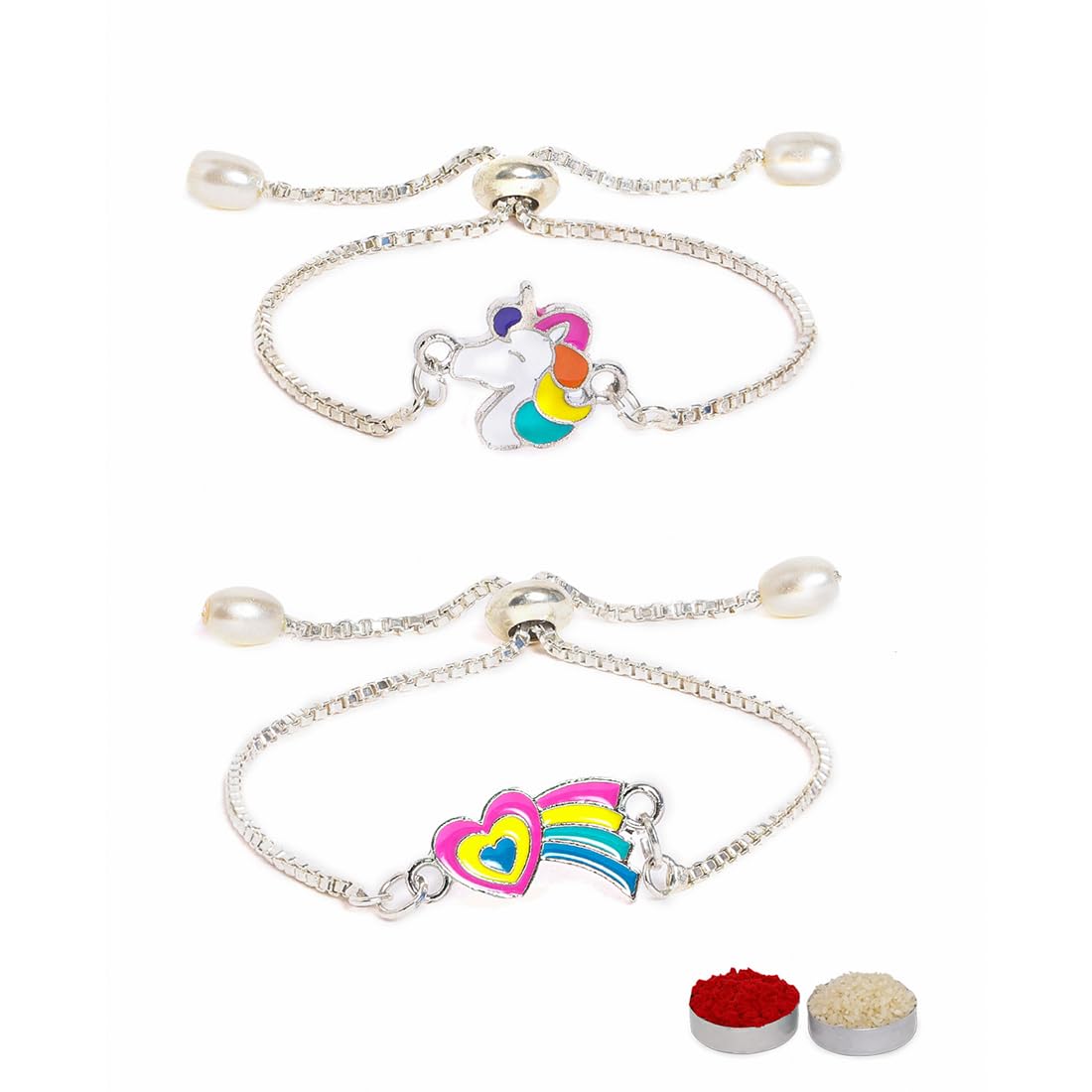 El Regalo 2 PCs Cute Kids Fancy Bracelet Rakhis Set - Beautiful 2 Kids Rakhis Combo with Roli Chawal, Rakhi Message Card in Rakhi Gift Box for Little Brother/Niece/Nephew (Unicorn & Rainbow Heart)