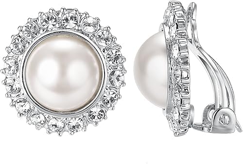 El Regalo Big Pearl Clip On Earrings for Non Pierced Ears- Round Faux Pearl Clip On Fake Non Piercing Earring (CZ Clip On)