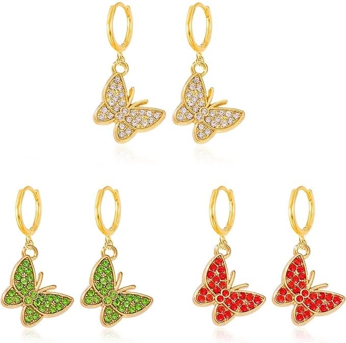 El Regalo 3 Pairs Fancy, Cute Butterfly Earrings for Girls & Women - Fashion Enamalled/Butterfly CZ Hypoallergenic & Nickel Free Earrings for Kids, Teen Girls & Women (CZ Butterfly Hoop Earrings)
