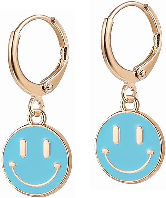 El Regalo Smiley Face Small Huggie Hoop Trendy Emoji Earrings- Preppy Cute Happy Face Dangle Drop Cartilage Colorful Hypoallergenic Earrings Gifts for Teen Girls Women (Blue)