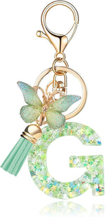 El Regalo Personalized Name Initials Butterfly Charm Keychain - Name Letters Keyring with Green Butterfly & Stars Filled Resin & Tassel Pendant, Purse, Bag, Backpack Accessory (Letter G)
