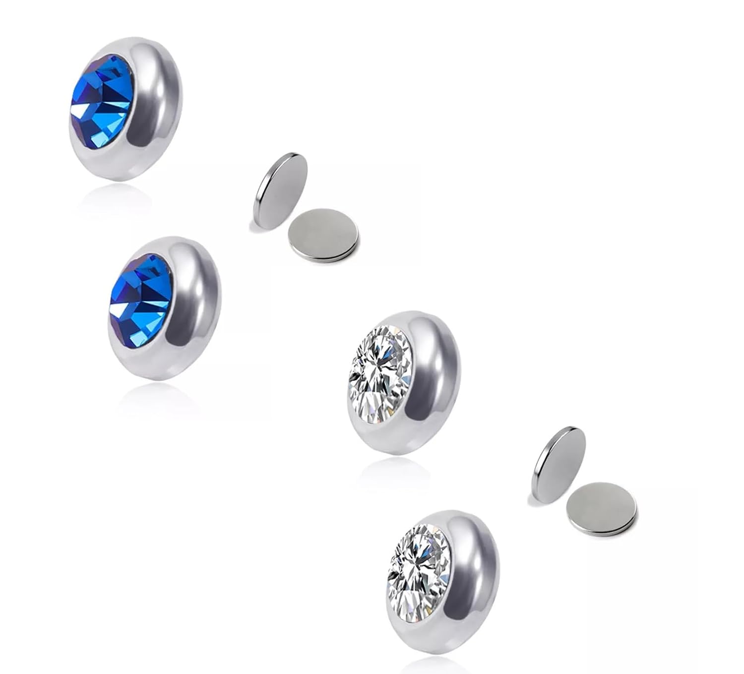 El Regalo 2 Pairs Non-Pierced CZ Magnetic Clip-On Unisex Earrings for Men/Women/Girls/Boys - Colorful CZ Fake Crystal Ear Stud Earrings (Blue & White)
