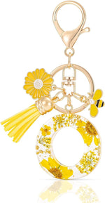 El Regalo Personalized Name Initials Natural Flowers & Bee Charm Keychain - Custom Letter Keyring with Daisy Flower & Honey Bee Pendant, Purse, Bag, Backpack Accessory (Letter O)