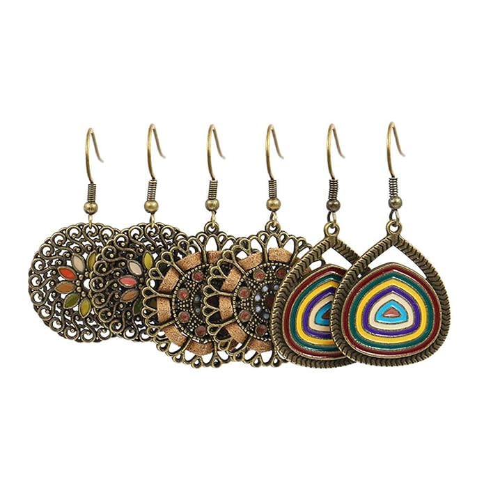 El Regalo 3 Pairs Earrings Combo of Vintage Bohemian Dangle Earrings for Women, 3-Pair Multi-Pack, Handmade Retro Tribal Drop Jewelry, Ethnic Bronze & Silver Tone Statement Earrings (Style-1)