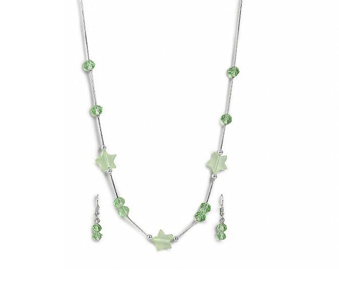 El Regalo 2PCs Crystals Beads Necklace & Earrings Jewelry Set for Kids/Girls & Teens - Shimmering/Matt Crystal Beads Fancy Jewelry Set (Green Stars)