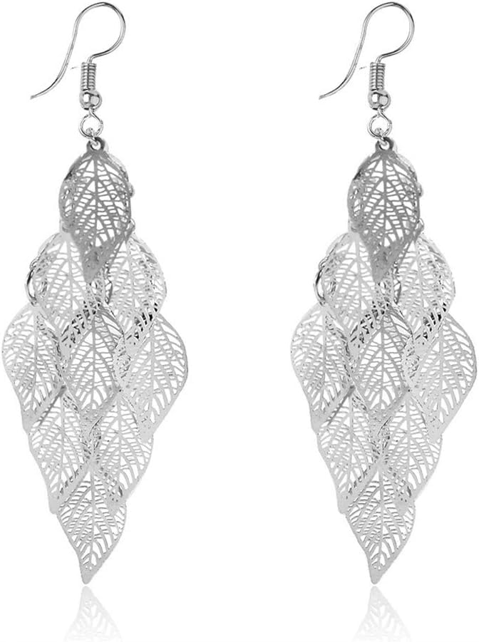 El Regalo 1 Pair Pretty Leaves Bunch Chandelier Earrings for Girls & Women- Boho Lightweight Hollow Filigree Leaves Drop Earrings (Silver)