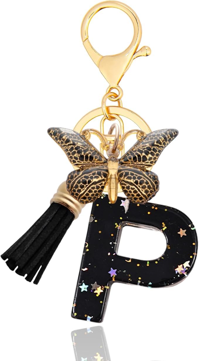 El Regalo Personalized Name Initials Butterfly Charm Keychain - Name Letter Keyring with Black & Golden Tassel & Butterfly Pendant, Purse, Bag, Backpack Accessory (P Letter)