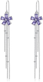 El Regalo 925 Silver Plated Flower Threader Earrings- Needle Threader Long Tassel Earrings for Girls & Women (Purple Flower)