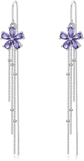 El Regalo 925 Silver Plated Flower Threader Earrings- Needle Threader Long Tassel Earrings for Girls & Women (Purple Flower)