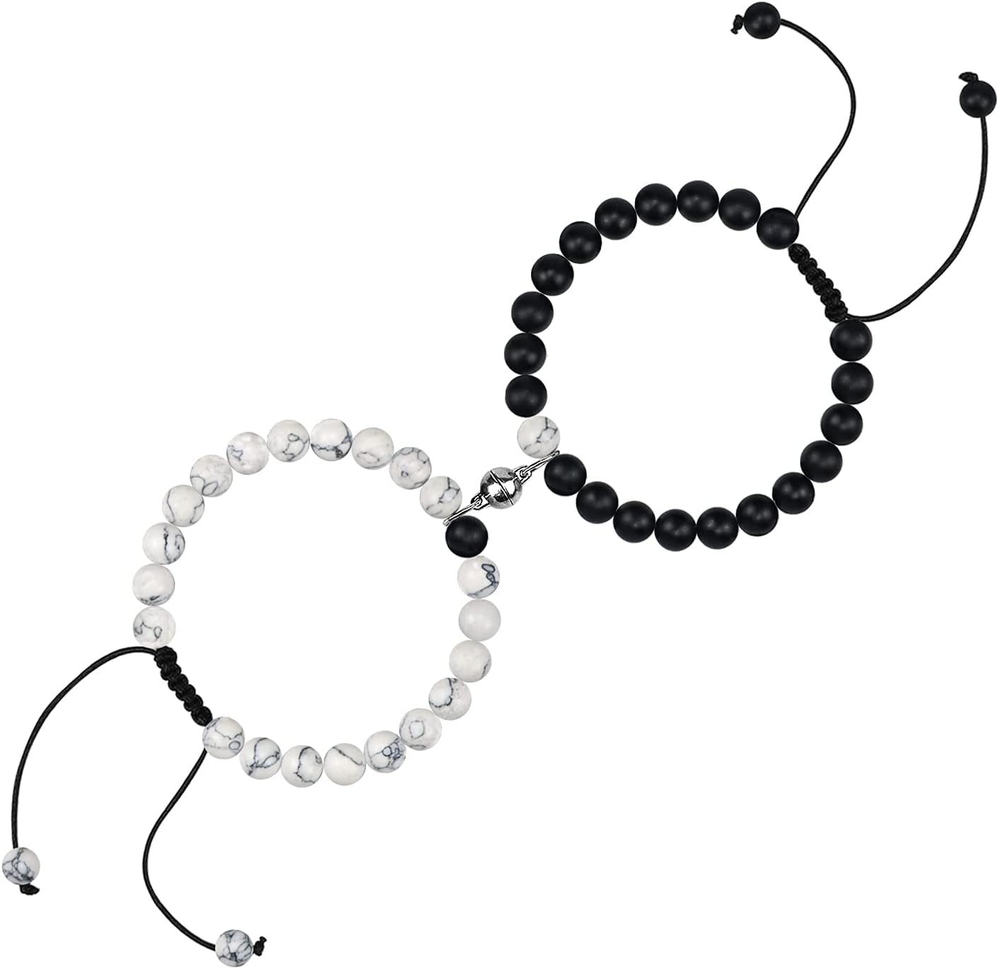 El Regalo 2PCs Magnetic Natural Stones Unisex Bracelets for Couples, Best Friend, Boyfriend & Girlfriend, Long Distance Connecting Bracelets Set- Valentines Day Gift (Black & White)