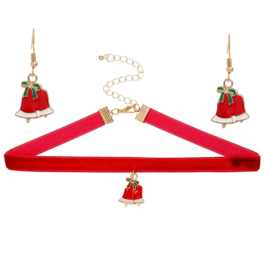 El Regalo Festive Christmas Choker Necklaces & Earrings Combo Set- Christmas Charms Choker Necklace & Earrings for Kids/Girls & Women - Christmas Gift (Xmas Jingle Bells)
