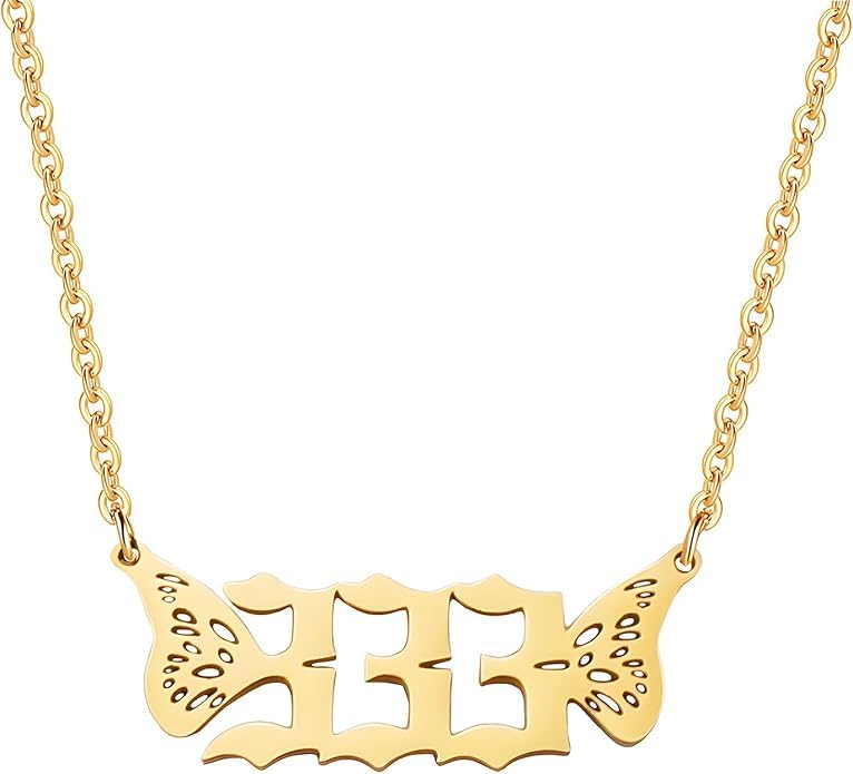 El Regalo Small Butterfly Wings Angel Number Necklace- Stainless Steel, Anti Tarnish, Angel Number Numerology Jewelry for Women & Girls (Angel Number 333)