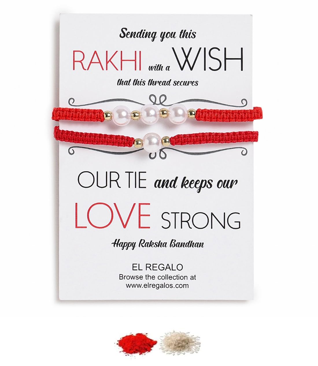 El Regalo 2PCs Pearls Rakhi Combo Set for Bhaiya-Bhabhi/Bhai- Bhatija/Bhatiji- Rakhi Gift Combo with 2 Pearls Rakhi, Roli-Chawal Shagun Pack, Message Card in Gift Box (Red)