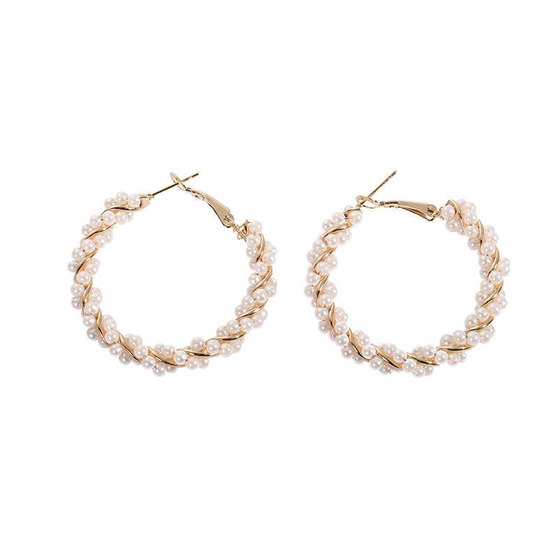 El Regalo Retro Elegant Double Row Imitation Pearl Oval Hoop Earrings for Women - Fashion Pearl Double Layer Ear Buckle Hoops (Pig Pearls Hoop Earrings)