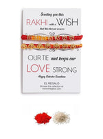 El Regalo 2PCs Red & Yellow Moli Thread Rakhi Combo Set for Brother- Auspicious OM, Ganesha, Satiya, Lion etc. Mauli Rakhi with Roli Chawal Shagun, Message Card in Rakhi Gift Box (Option-4)