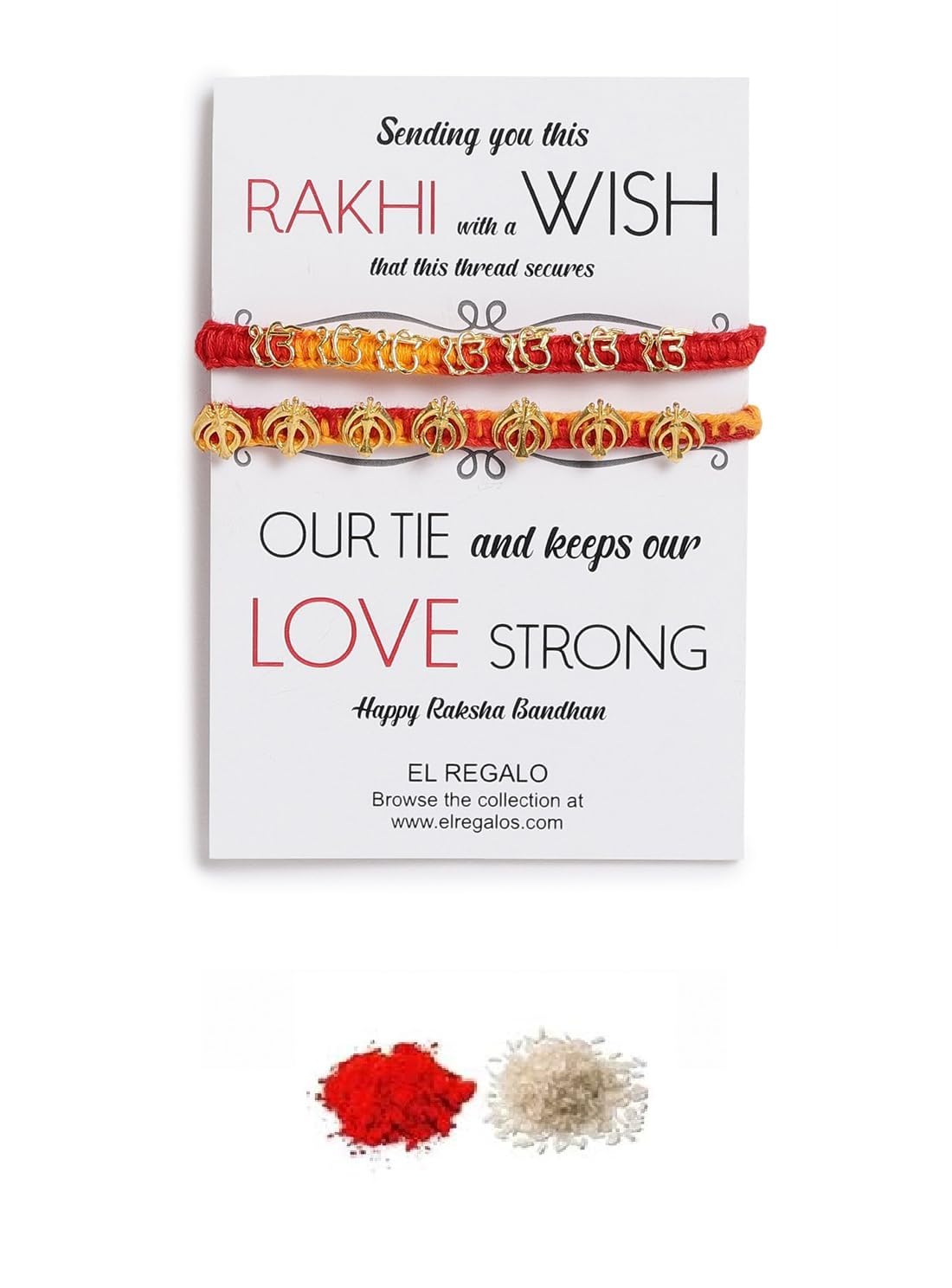 El Regalo 2PCs Red & Yellow Moli Thread Rakhi Combo Set for Brother- Auspicious OM, Ganesha, Satiya, Lion etc. Mauli Rakhi with Roli Chawal Shagun, Message Card in Rakhi Gift Box (Option-4)