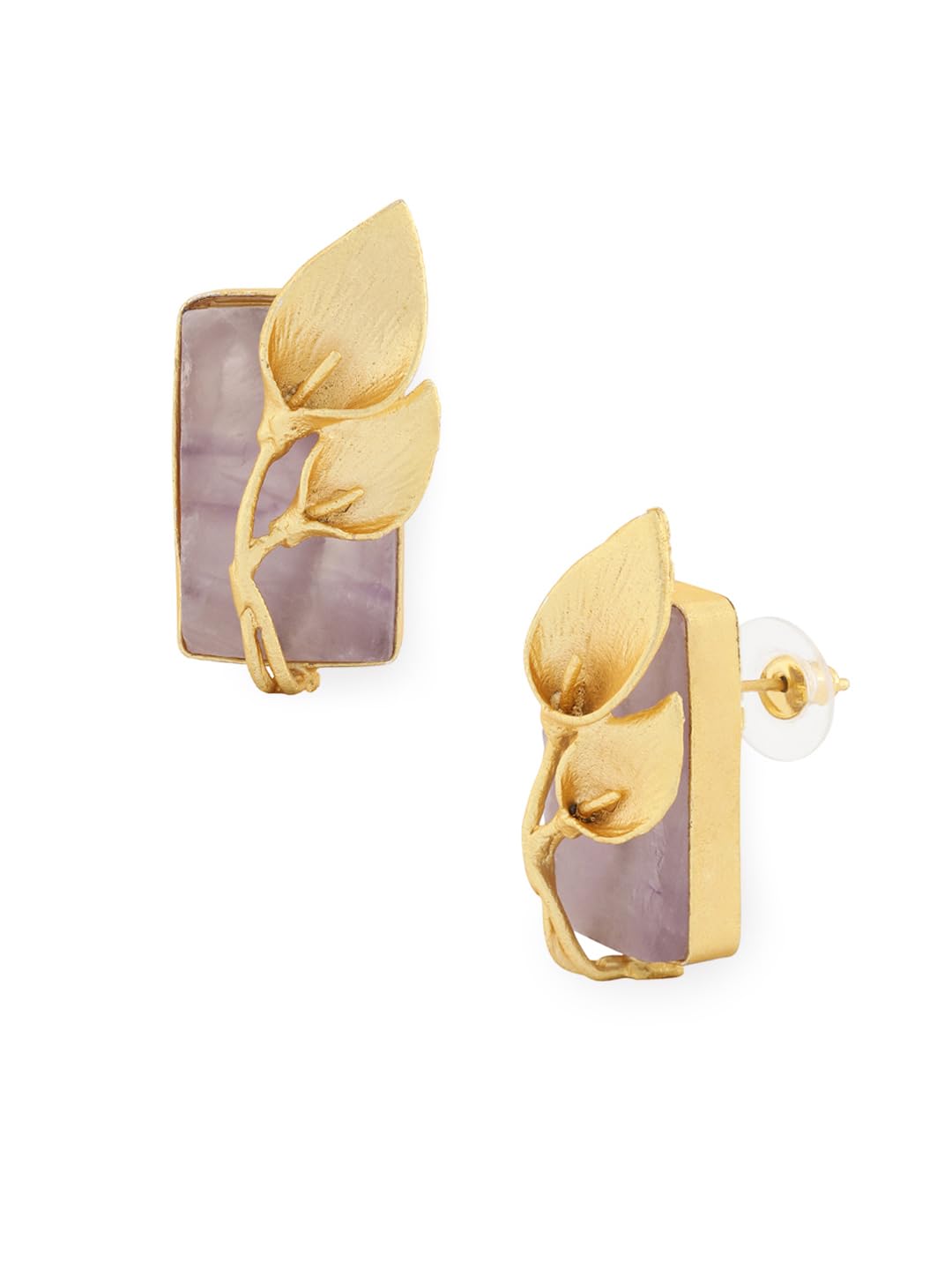 El Regalo Fancy Leaf Raw Stones Stud Brass Contemporary Earrings - Gold Plated Matte Finish Stone Studs for Girls and Women (Purpilish)