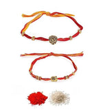 El Regalo 2PCs Red & Yellow Moli Thread Rakhi Combo Set for Brother- Auspicious OM, Ganesha, Satiya, Lion etc. Mauli Rakhi with Roli Chawal Shagun, Message Card in Rakhi Gift Box (Option-3)