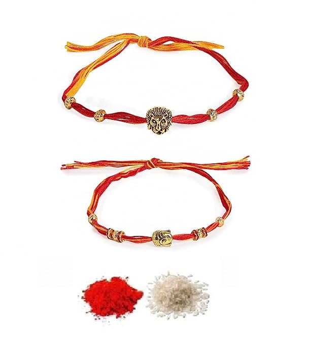 El Regalo 2PCs Red & Yellow Moli Thread Rakhi Combo Set for Brother- Auspicious OM, Ganesha, Satiya, Lion etc. Mauli Rakhi with Roli Chawal Shagun, Message Card in Rakhi Gift Box (Option-3)