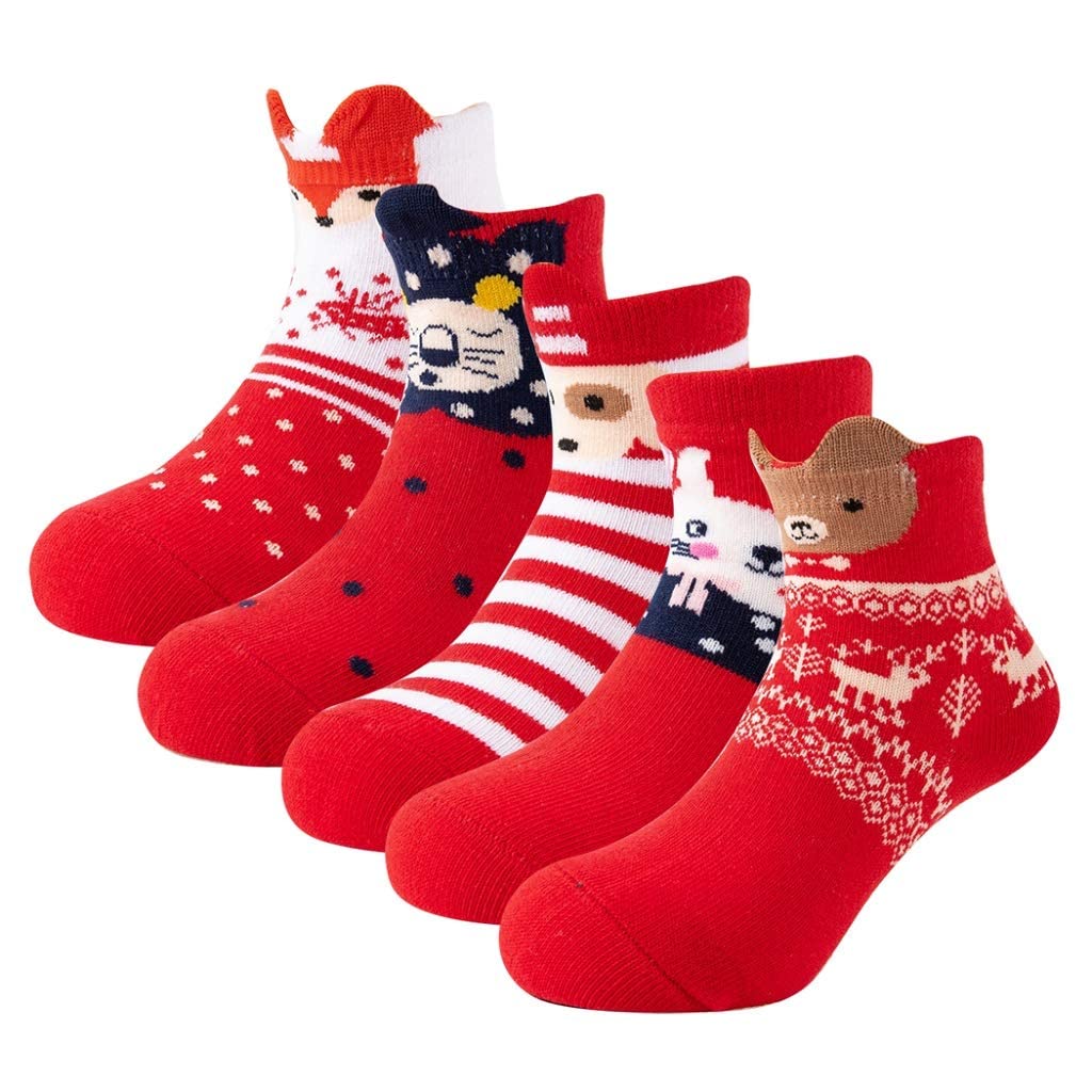 El Regalo 5 Pairs Christmas Cotton Warm Socks Children Cartoon Boys Girls Toddler Winter Autumn Xmas Funny Socks (XXL (12-16 Years))