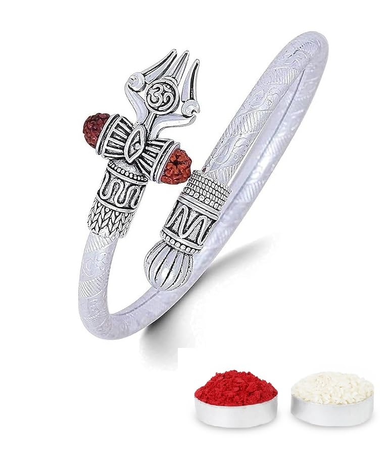 El Regalo Trident Rudraksha Kada Bracelet Rakhi for Brother/Bhai- Rudraksha Trishool Silver Plated Rakhi for Bhaiya with Roli Chawal, Card in Rakhi Gift Box