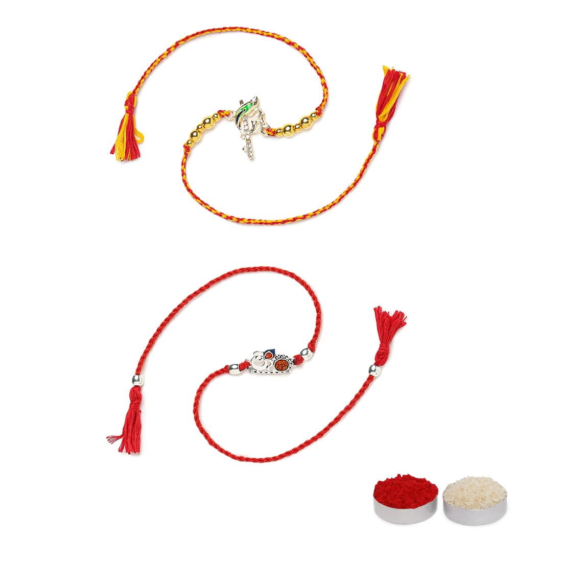 El Regalo 2PCs Rakhi Set for Brother- Auspicious OM, Ganesha, Rudraksha, Krishna Red Moli Thread Rakhi for BHai/Bhatija with Roli Chawal, Message Card in Rakhi Gift Box (OM Rudraksha Rakhi)