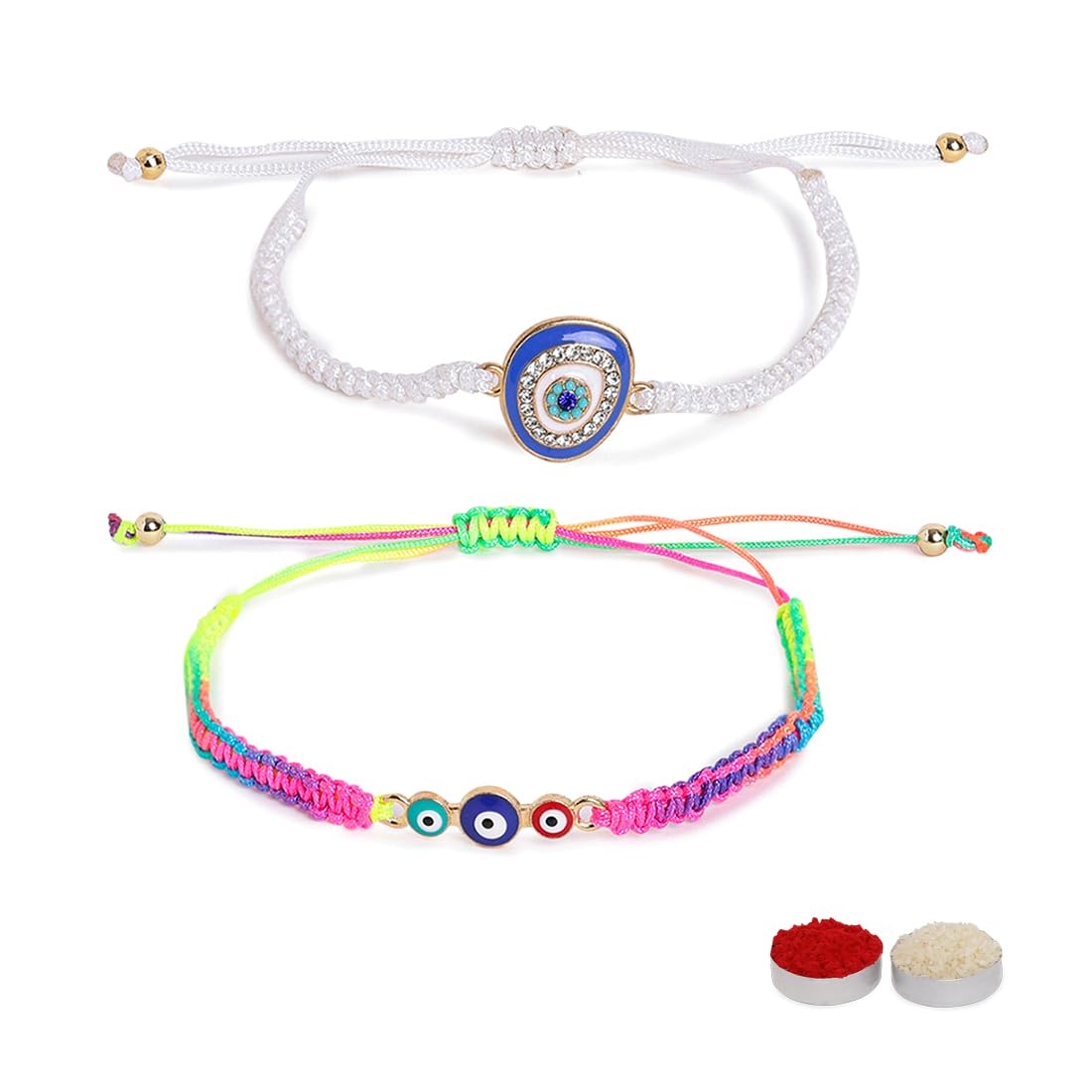 El Regalo 2 PCs Evil Eye Hamsa Hand Couple Rakhi Set for Bhaiya & Bhabhi- Bhaiya Bhabhi Rakhi Combo with Roli Chawal, Rakhi Message Card in Rakhi Gift Box (Option-1)