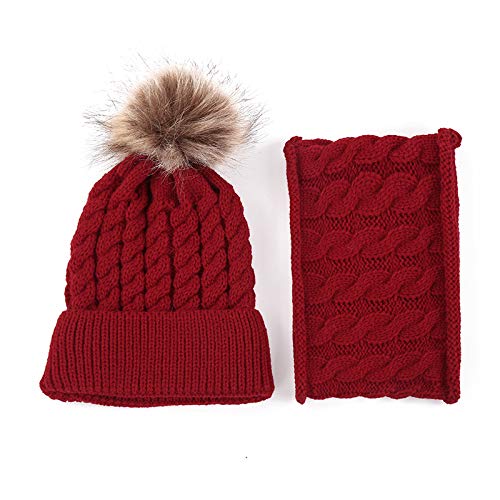 El Regalo Knitted Winter Hat and Scarf Combo Set for Kids. Warm Cap Beanie Pom Pom (Red)