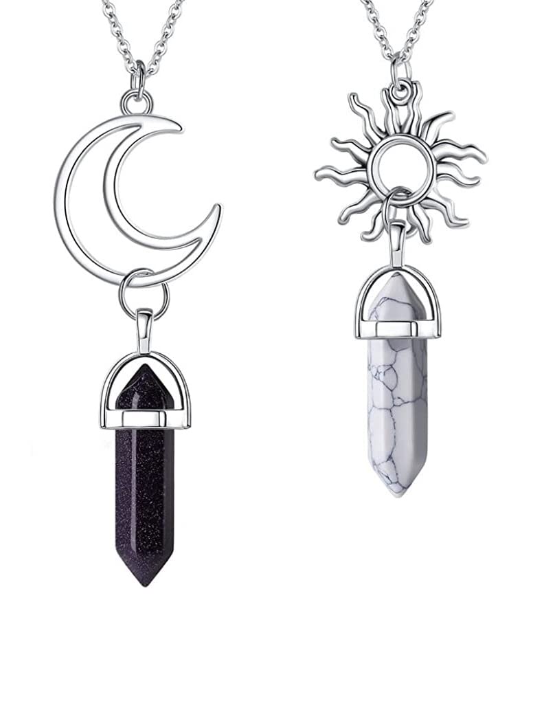 El Regalo 2Pcs BFF Best Friend Moon Sun Hexagonal Pointed Stone Pendant Necklace Set for Girls, Boys, Men, Women, Best Friend, Besties, Couples (Black & White)
