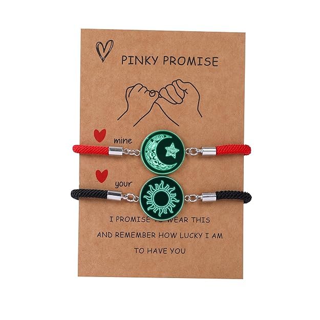El Regalo 2PCs Sun Moon Couple Bracelets Set - Sun, Moon, Star Pinky Promise Bracelets Combo (Red & Black)
