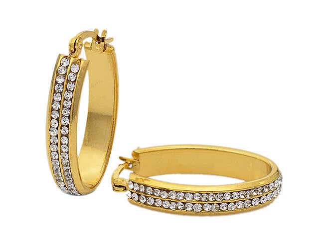 El Regalo Stainless Steel CZ Cubic Zirconia Hoop Earrings for Women | Double Row Round Hoops | Waterproof, Anti-Tarnish Surgical Steel Earrings with 2mm AAA CZ Stones