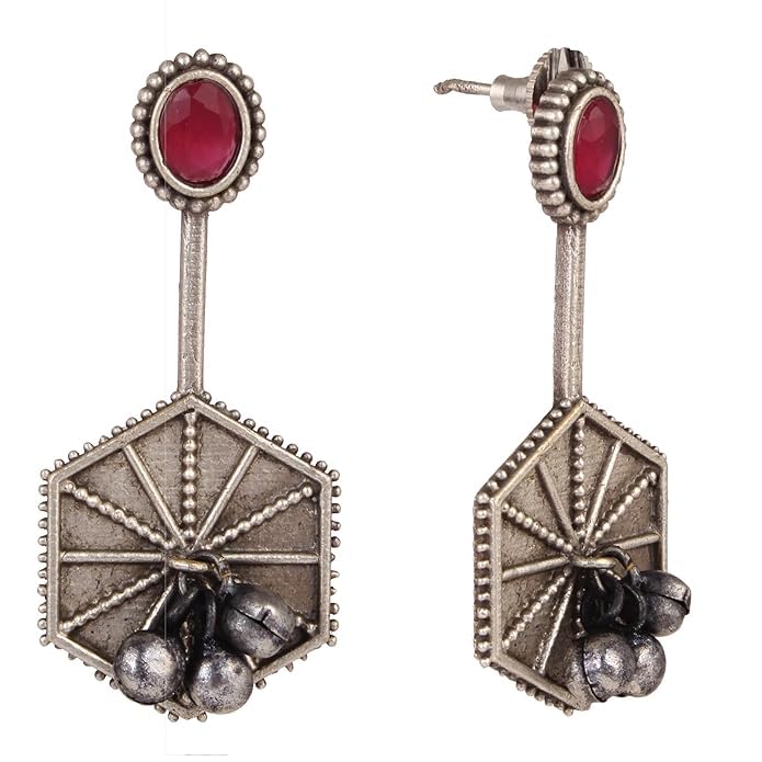El Regalo Handmade Oxidized Silver Lookalike Brass Earrings with Red Stone and Ghungroo - Versatile Fashion Statement Earrings