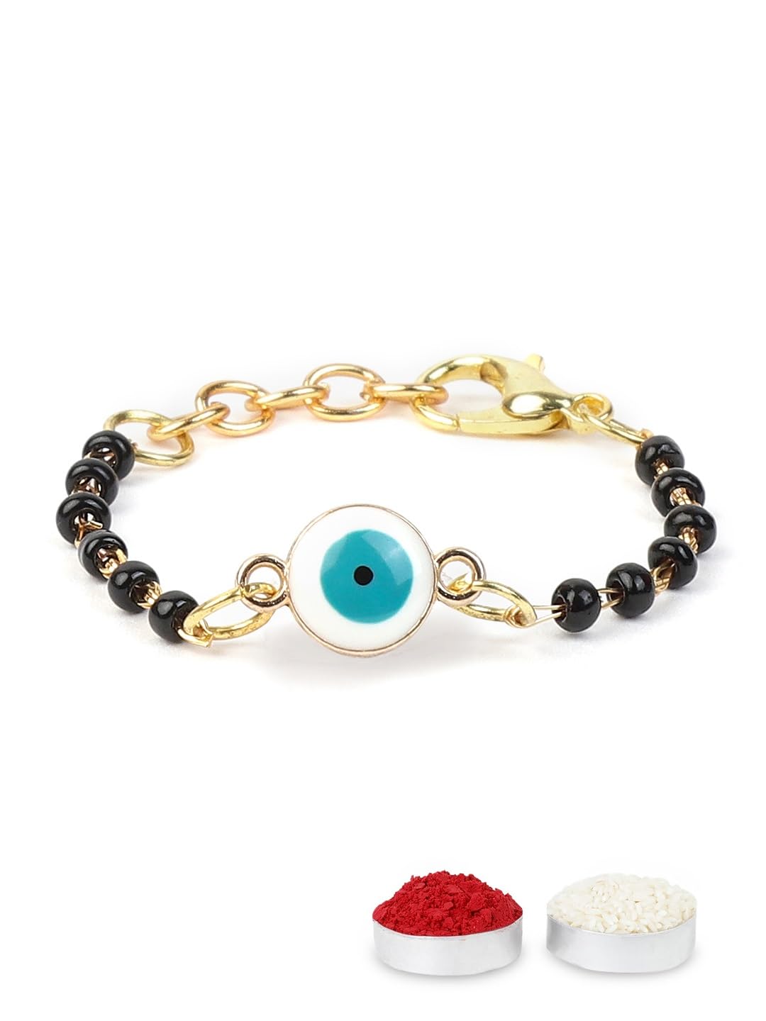 El Regalo Cute Evil Eye Nazaria Bracelet Rakhi for Babies/Kids with Roli Chawal, Rakhi Message card in Rakhi Gift Box- Baby Nazaria Rakhi (White Evil Eye Nazaria Rakhi)