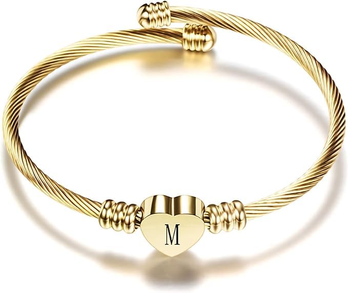El Regalo Golden Stainless Steel Heart Name Initials/Letters Cuff Bracelet for Girls/Women- Gold Plated A-Z Personalized Name Letter Heart Bracelet (M Letter)
