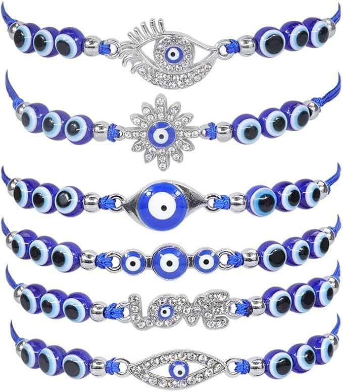 El Regalo 6PCs Cute CZ Evil Eyes Braided Bracelet Set for Women, Men, Girls, boys - Crystal Love Blue Evil Eyes Braclets