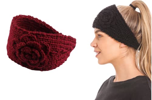 El Regalo 2 PCs Knitted Flower Warm Winter Woolen Headband with Buttons for Face Mask Cover | Cold Weather Hair Accessories Head Wrap | Winter Headbands for Girls & Women (Pack of 2) (Red & Black)