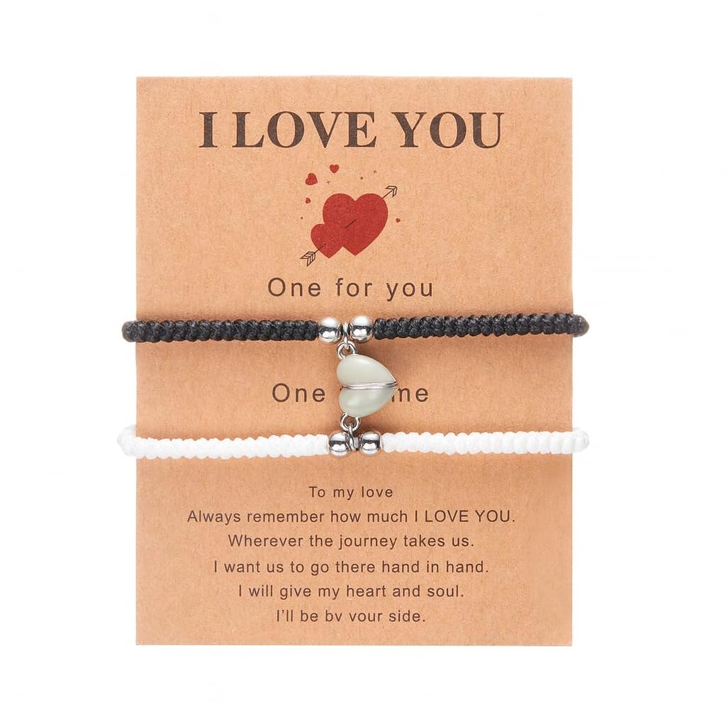 El Regalo 2PCs Luminous Hearts Love Couple Best Friend Hand Woven Adjustable Bracelets Set- BFF Glow in Dark Jewelry (No Tapping) (Black & White)