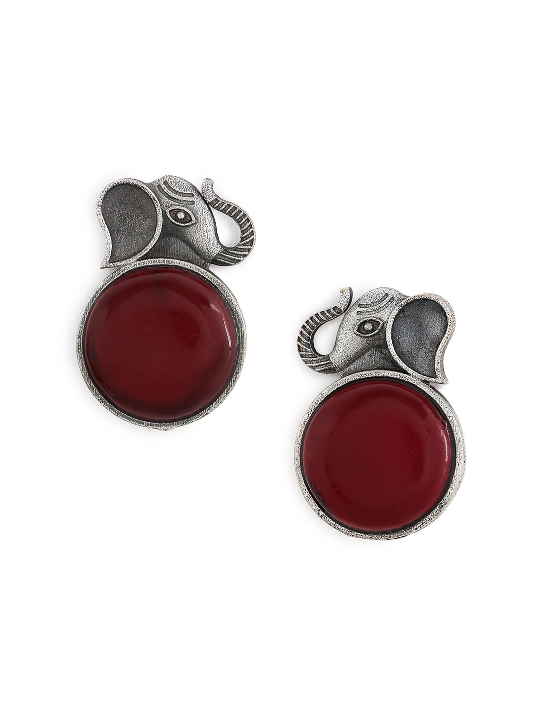 El Regalo 1Pair Oxidized German Silver Ganesha Elephant Stone Stud Earrings- Handcrafted Unique Earrings with Color Stone Options (Red)