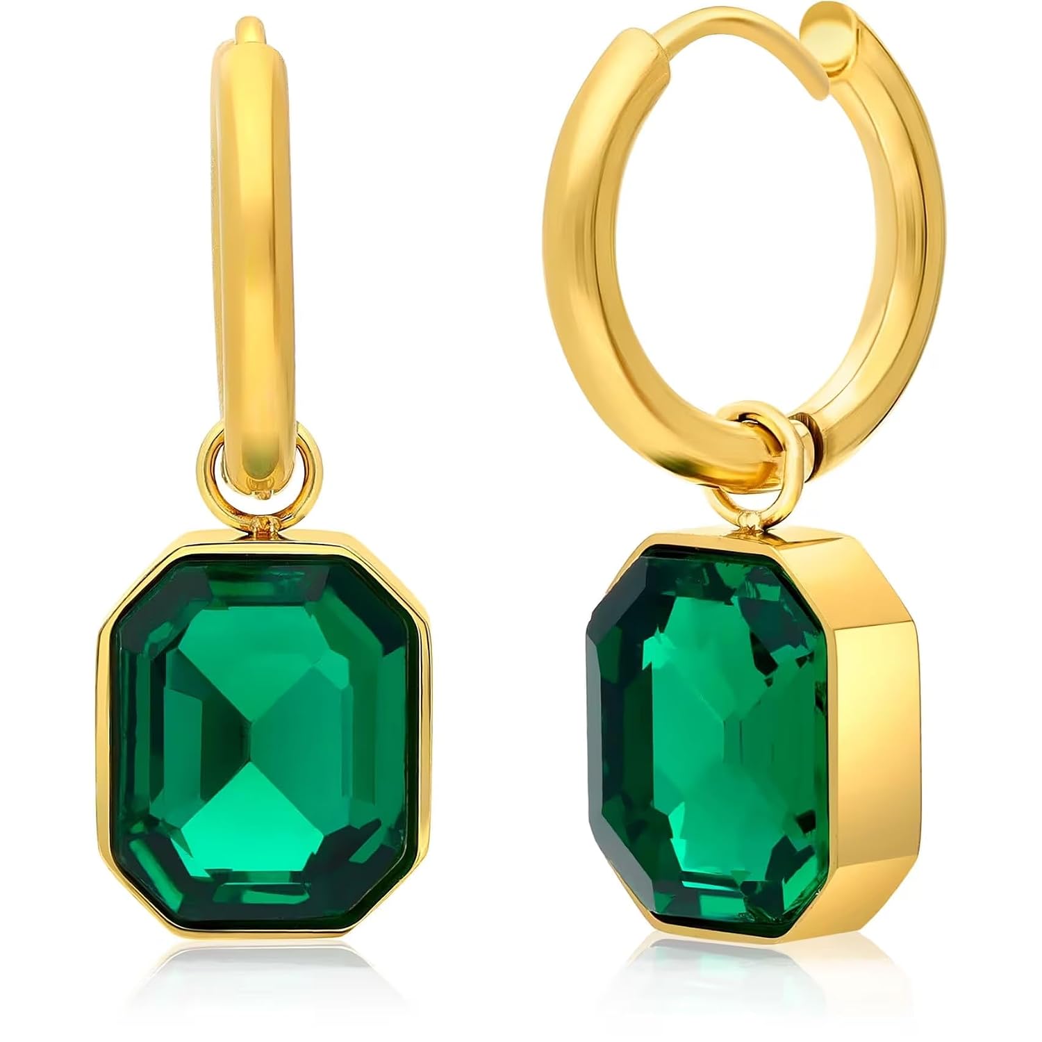 El Regalo Stainless Steel Rectangular Cut Rhinestone Hoop Earrings - Elegant 18K Gold Plated Waterproof Vintage-Inspired Cubic Zirconia Huggie Hoops for Women (Green)