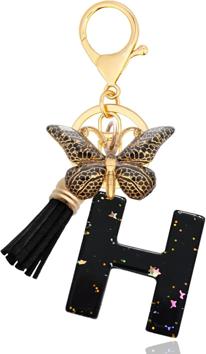El Regalo Personalized Name Initials Butterfly Charm Keychain - Name Letter Keyring with Black & Golden Tassel & Butterfly Pendant, Purse, Bag, Backpack Accessory (H Letter)