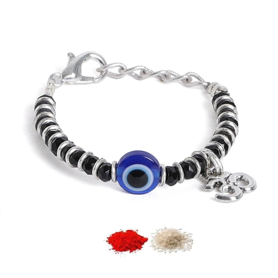 El Regalo 1st Rakhi for Baby Brother - 925Silver Plated Cute Charms Evil Eye Nazaria Rakhi with shagun, Rakhi Message Card in Rakhi Gift Box for Kids/Babies/Toddlers (OM Evil Eye Nazaria Rakhi)