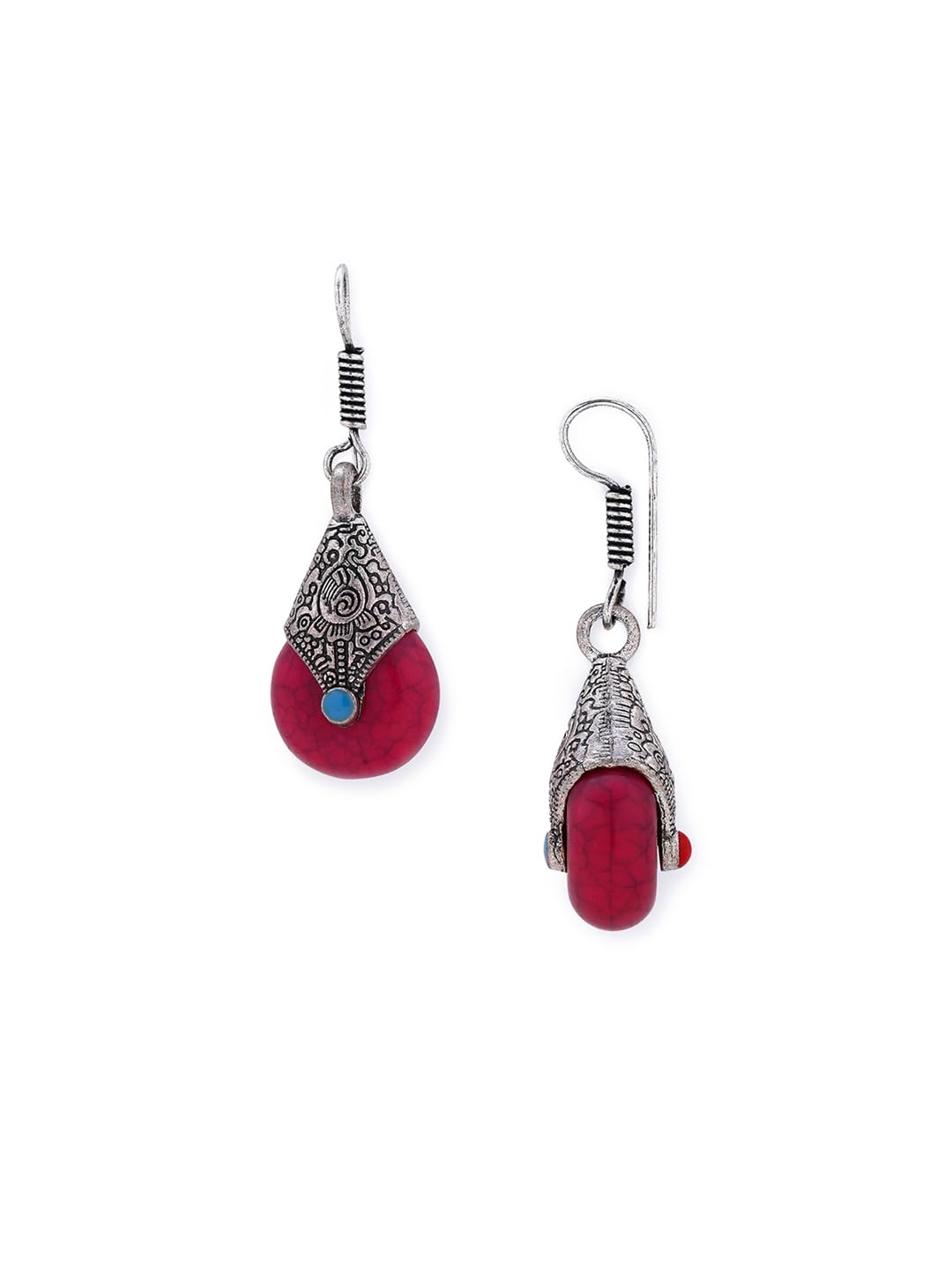 El Regalo Oxidized German Silver Bohemian Tibetan Stones Hook Earrings for Girls & women | Earrings for Women (Magenta)