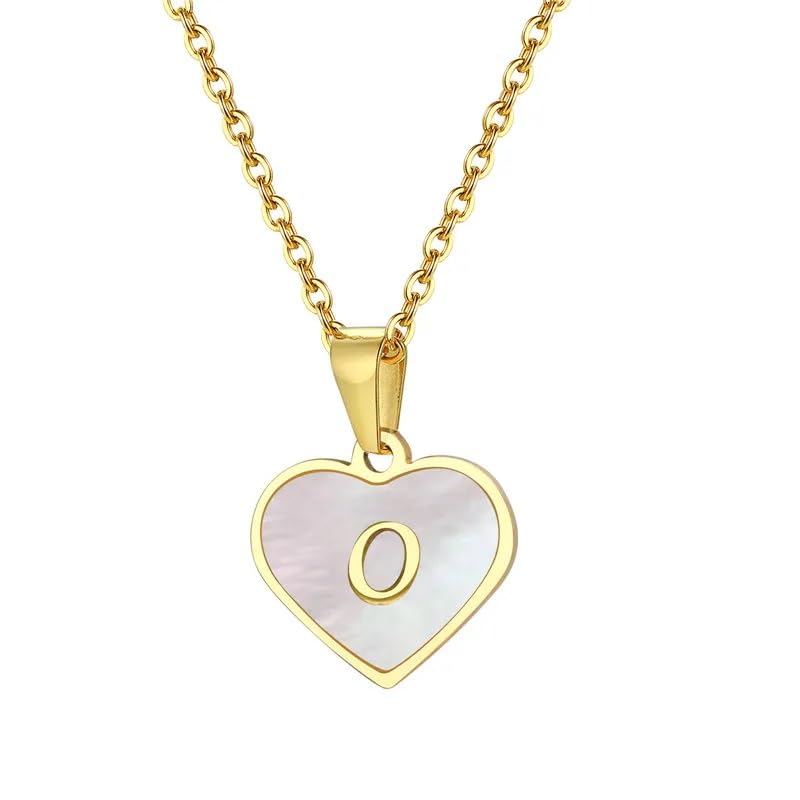 El Regalo Unisex Personalized Heart Name Initial Letters Pendant Necklaces - Stainless Steel Golden Heart Mother of Pearl Name Initials Letters Jewelry - Hypoallergenic Cursive Letters (A-Z) (O)