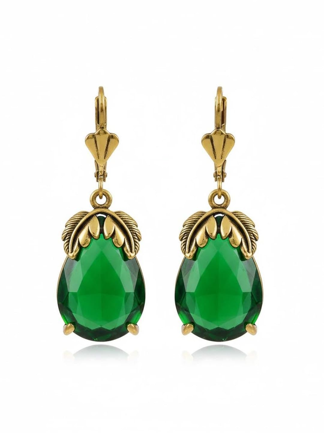 El Regalo Vintage Emerald Green Drop Earrings for Women - Antique Gold Tone Leaf Design Teardrop Dangle Earrings - Retro Victorian Style Statement Jewelry for Weddings, Parties & Gifting