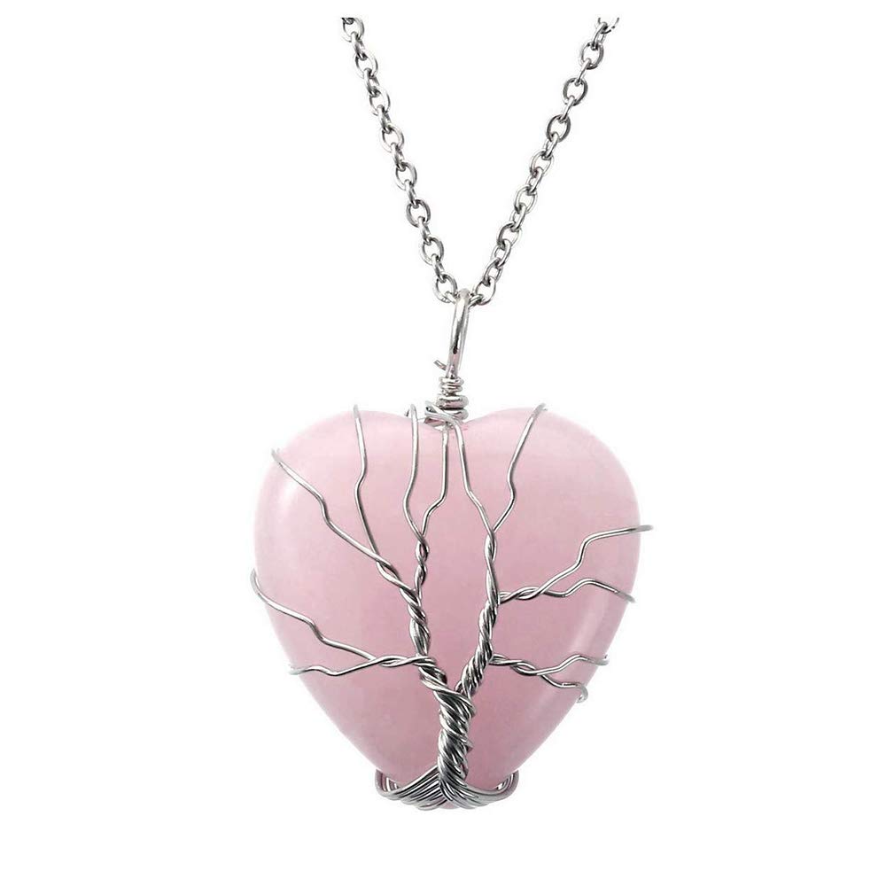 El Regalo Tree of Life Wire Wrapped Heart Shape Natural Quartz Stones Healing Crystal Chakra Pendant Necklace - Perfect Valentines Day Gift for Girls & Women (Rose Quartz)