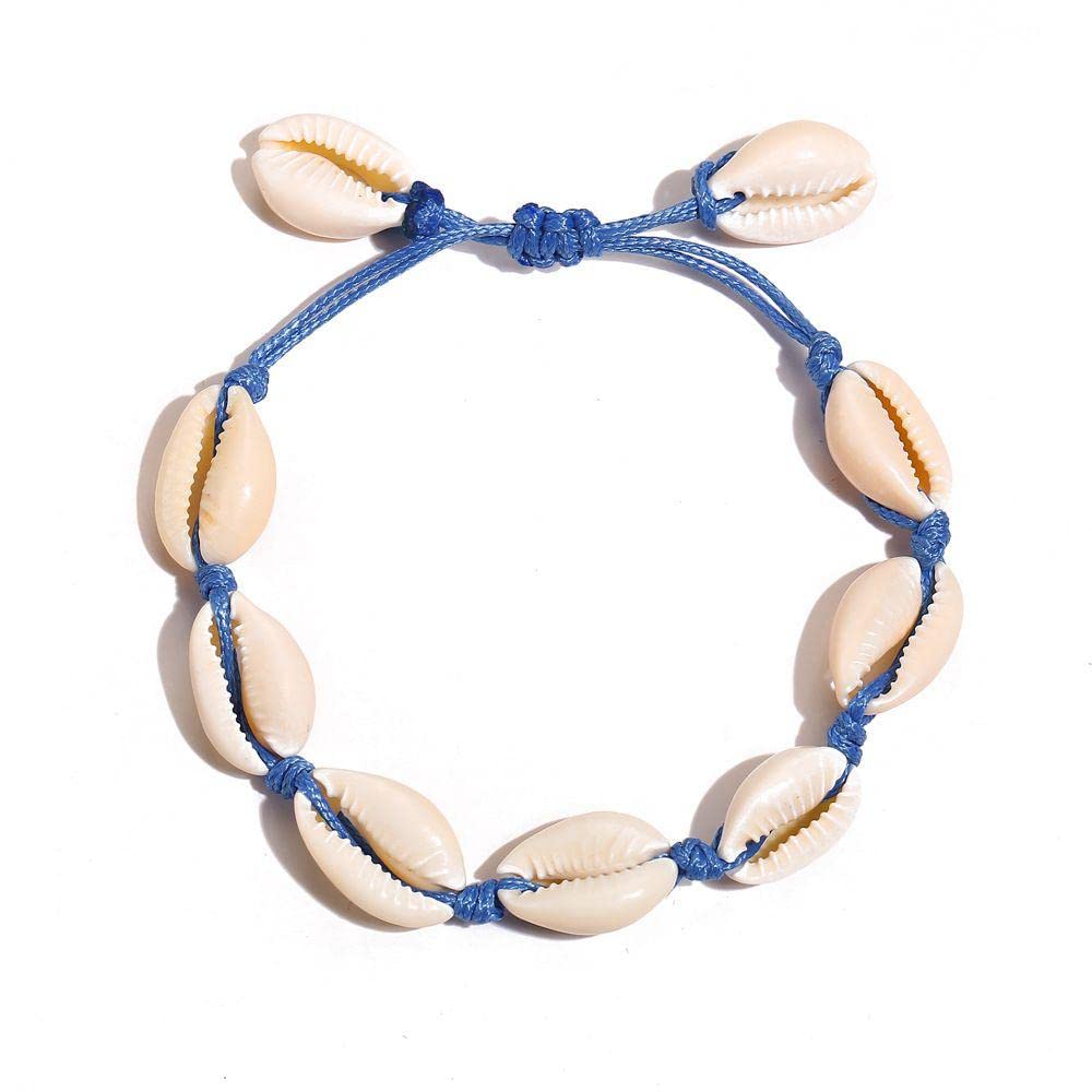 El Regalo Beach Cowrie Shell Anklet/Bracelet for Girls & Women- Bohemian Adjustable Hawaiian Beach Summer Vintage Anklet Hand-woven Decoration Jewelry for Girl Women (Blue)