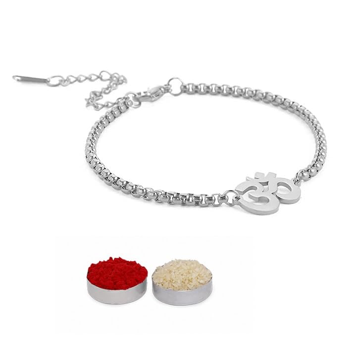 El Regalo 1 PC Stainless Steel OM/Aum Chain Bracelet Rakhi for Men- Anti Tarnish/Waterproof Adjustable bracelet for Bhai/Bhatija- Comes with Message Card, Roli-Chawal & Box