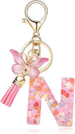 El Regalo Personalized Name Initials Butterfly Charm Keychain - Custom Letter Keyring with Pink Tassel & Butterfly Pendant, Purse, Bag, Backpack Accessory (N Letter)